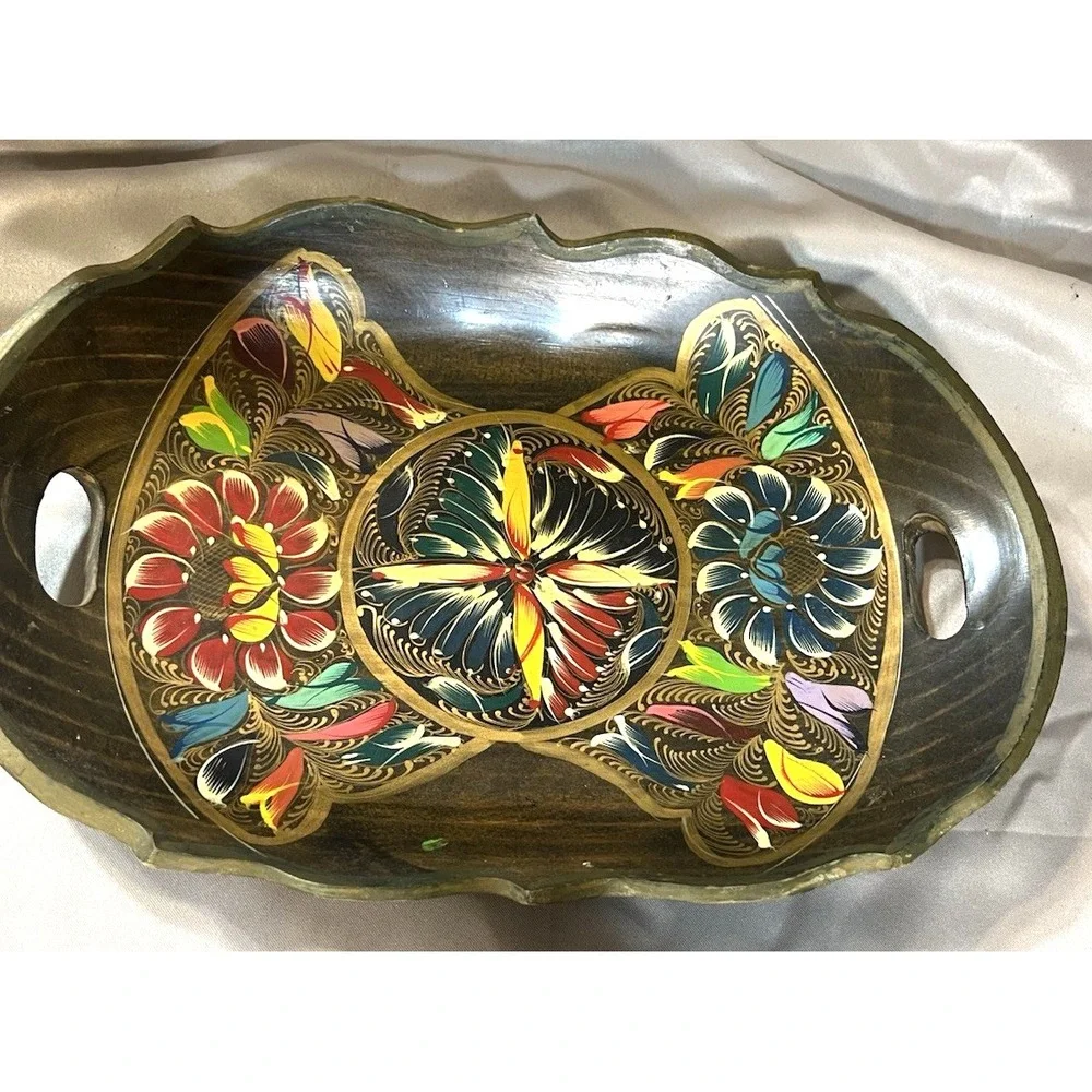 VTG Folk‎ Art Wood Tray-Oval Hand Painted Server With Handles Woolworth (2431)